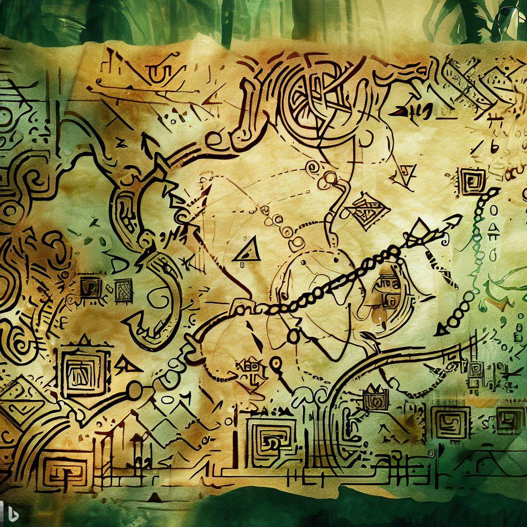 Un mapa antiguo con símbolos y rutas hacia el templo, sobre un fondo de selva. Estilo Aventurero y detallado, con trazos finos en el mapa y tonos verdes en el fondo.